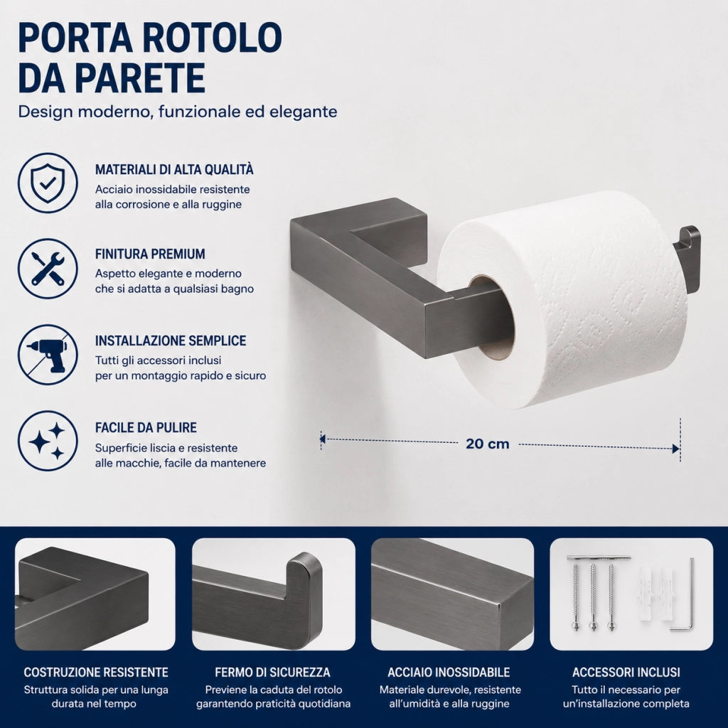 Porta Rotolo Portarotolo Carta Igienica Grigio In Acciaio Da Muro 87942