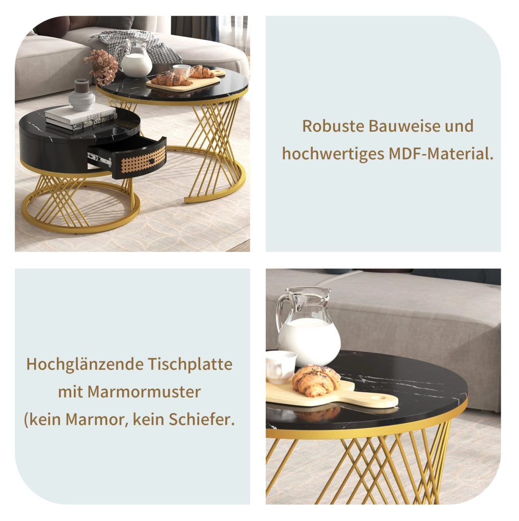 Tavolino da salotto rotondo 2 in 1 con effetto marmo; MDF nero e dettagli oro; 70/50 cm