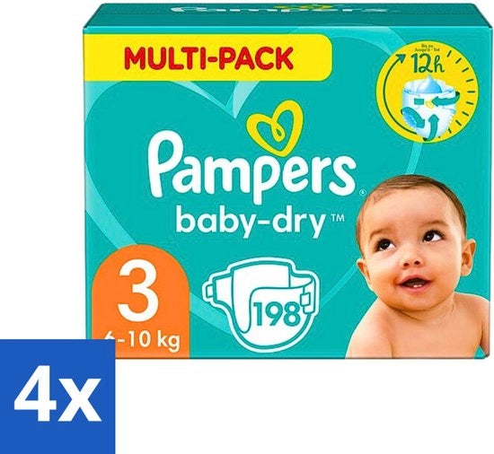 4 x Luiers per Bambino - Asciutti - Luiers per Bambini - Taglia 3 (6-10 kg) - 198 Luiers - Luiers per Bambini - Luiers Taglia 3 - Luiers contro le Lachrimazioni - Luiers per Bambini