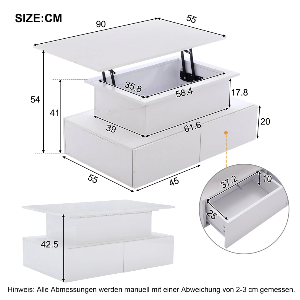 Tavolino da salotto con 4 Cassetti e LED; Piano scorrevole; Vano nascosto; Soggiorno; 90 × 55 × 41 cm