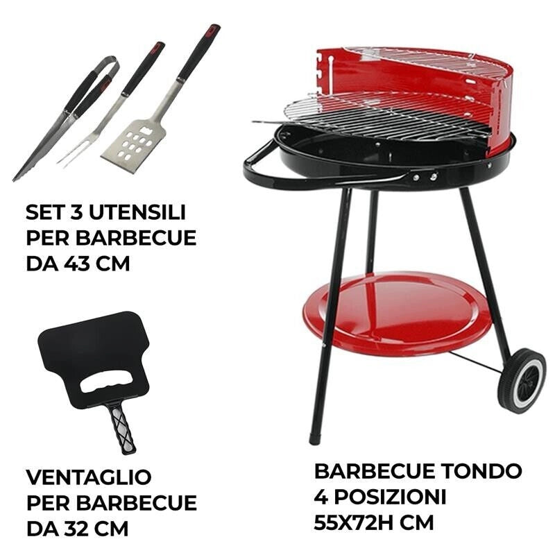 MAURY'S SET BARBECUE TONDO 4 POSIZIONI 55X72H CM + VENTAGLIO ASSORTITO DA 32 CM + GRILL SET 3 UTENSILI 43 CM