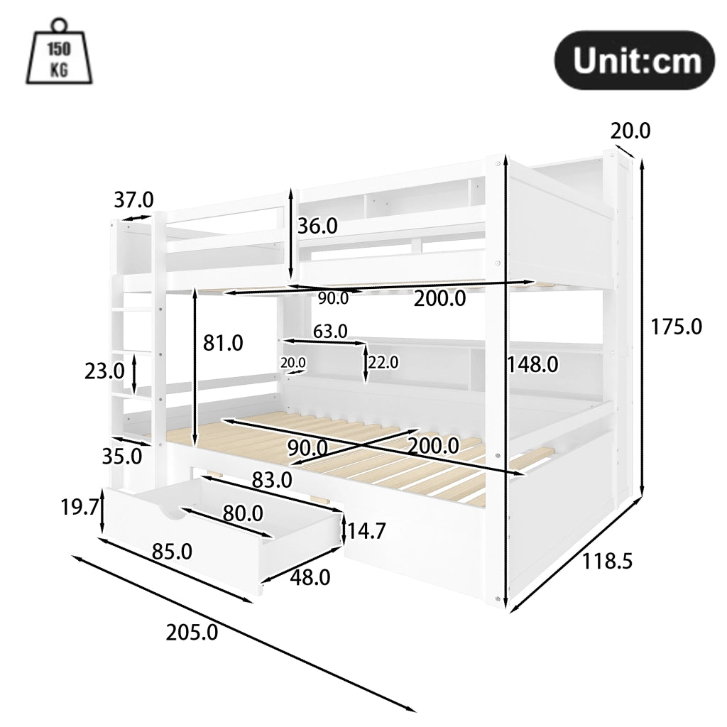 OKWISH Letto a Castello 90×200 cm e 90×200 cm, Letto 2 Posti con Cassetto, Vani Portaoggetti e Sponde, senza Materasso, Bianco