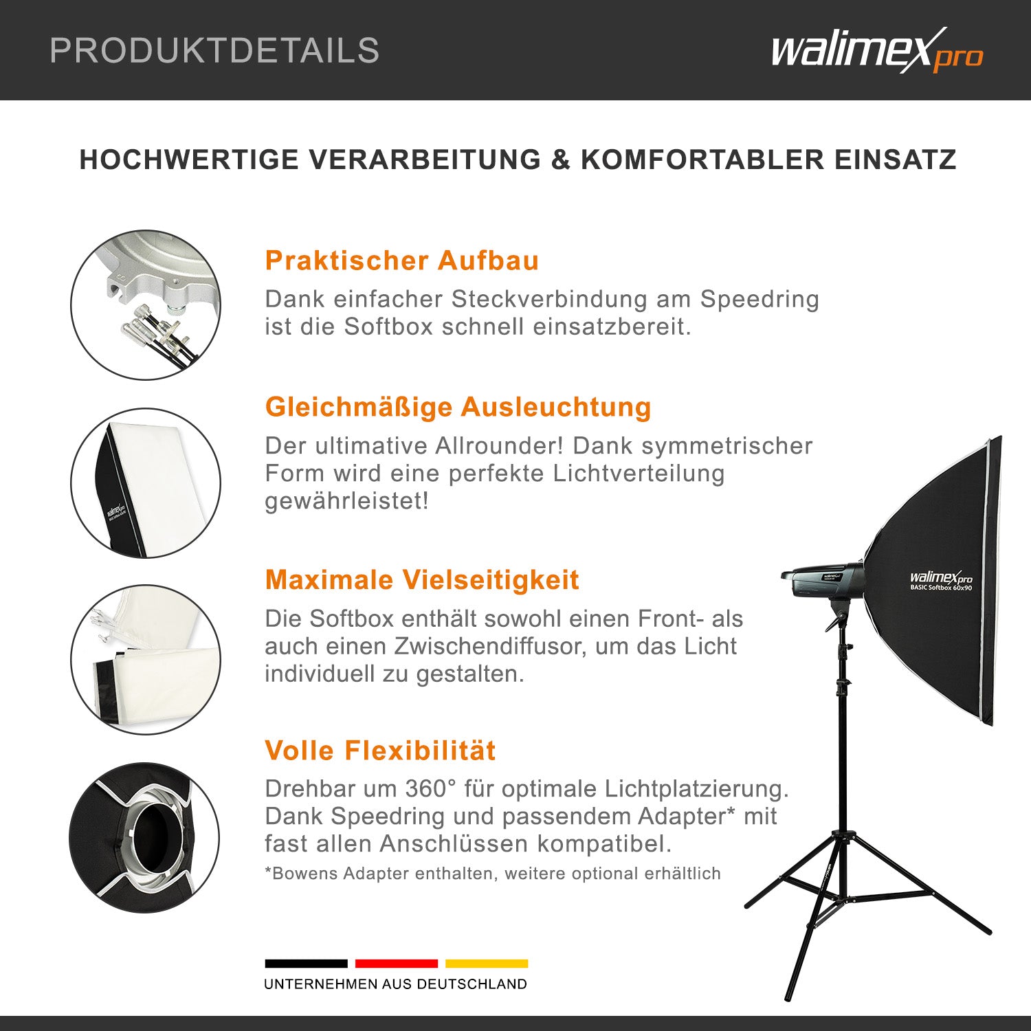 Softbox 60x90cm, girevole a 360°, incluso diffusore frontale e intermedio, borsa per il trasporto, adattatore Bowens, ideale per la fotografia di prodotti e persone