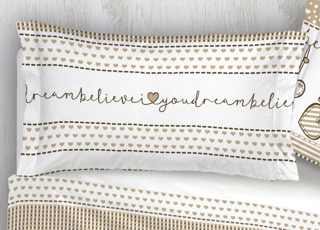 Completo Lenzuola In 100% Cotone Disegni Natalizi Invernali Renne Cuori OB - Singolo - Dream Beige