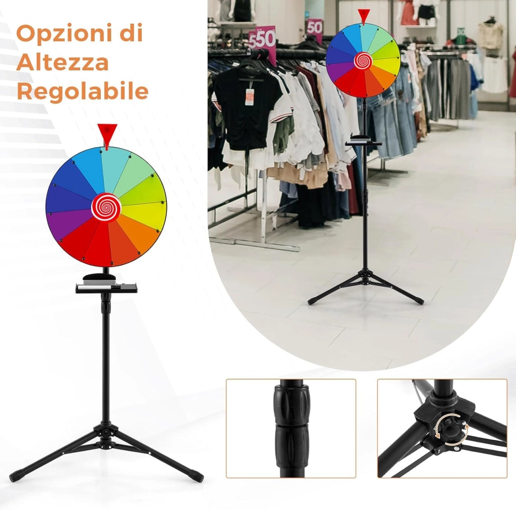Ruota della Fortuna 40 CM con Supporto Tripode Pieghevole, Gioco Ruota con Altezza Regolabile e Vassoio, Pennarello e Gomma per Lavagna, Ruota Premio con 12 Slot per Festa