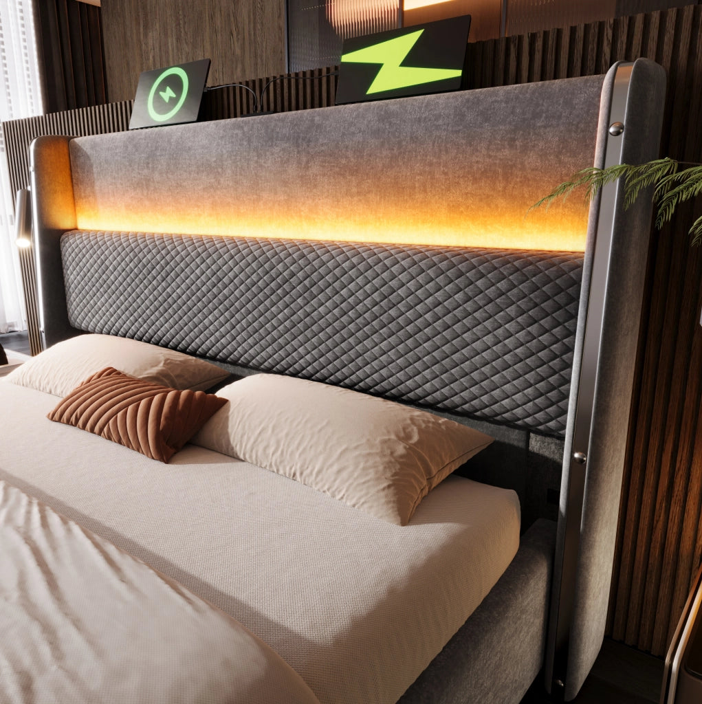 Letto matrimoniale con contenitore 180x200 cm in lino grigio con testiera alta; LED e USB/Type-C