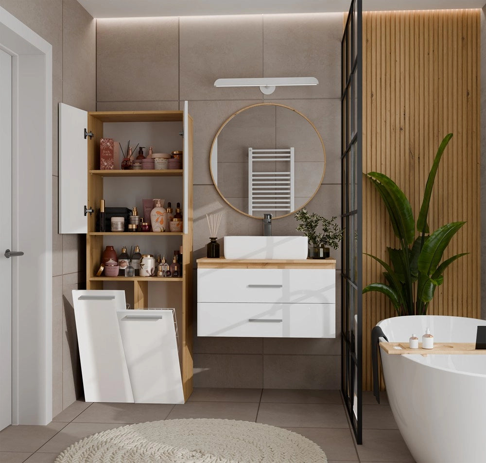 Mobile bagno NEL 2k DK scaffale colonna 2 kosze per bucato bianco lucido rovere artisan
