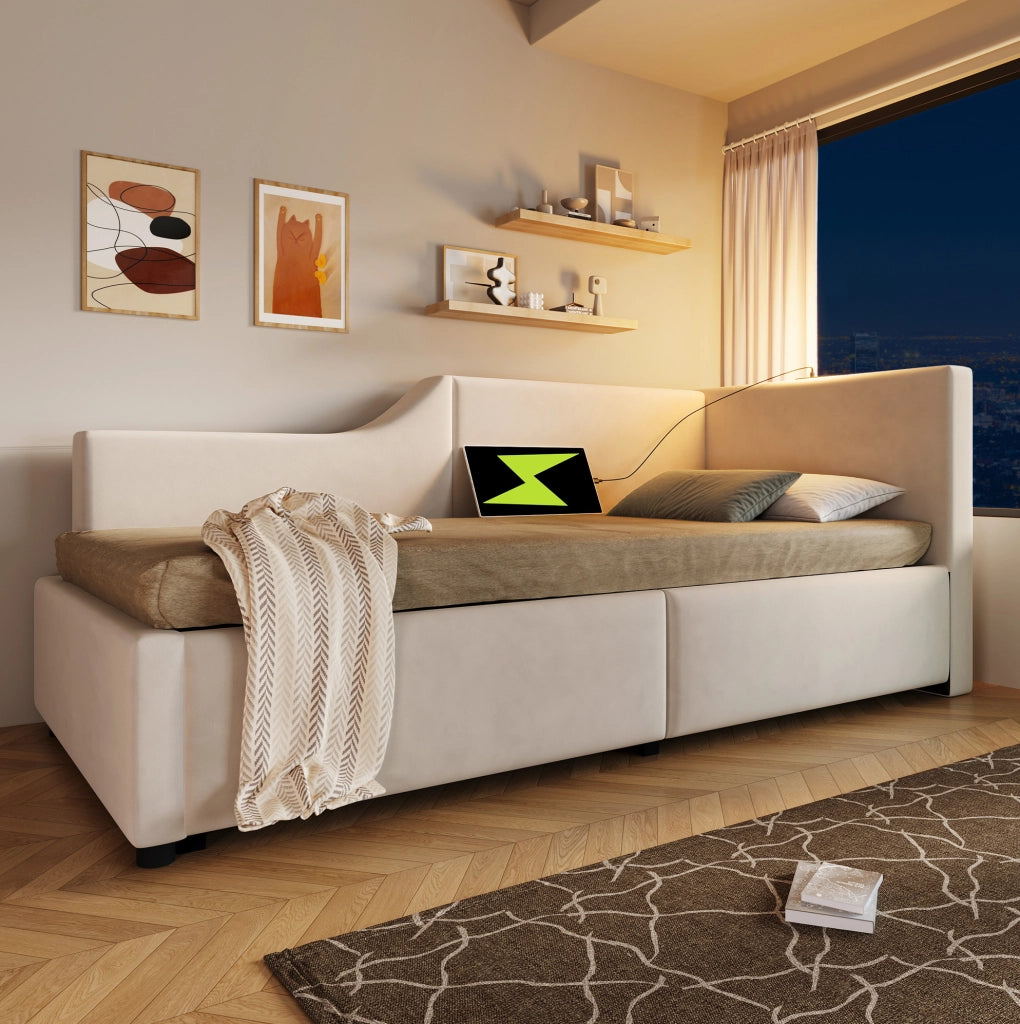 Letto da giorno 90x200 cm in velluto beige con vano e USB-C