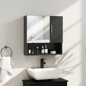 Armadietto a Specchio per Bagno 54x15,2x55,3 cm con Ripiano Aperto in Legno Nero