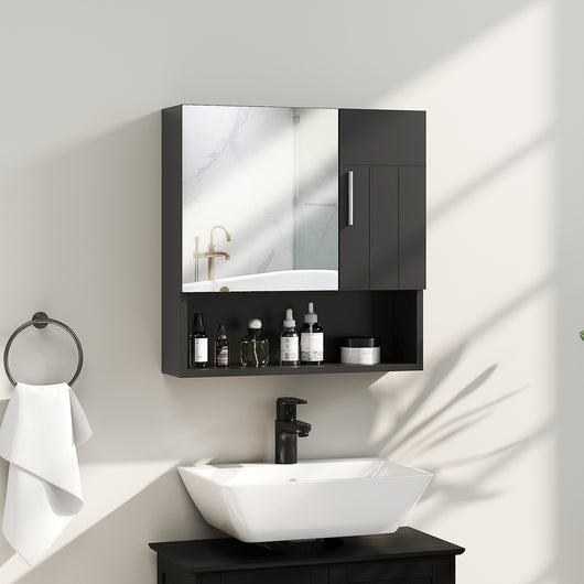 Armadietto a Specchio per Bagno 54x15,2x55,3 cm con Ripiano Aperto in Legno Nero