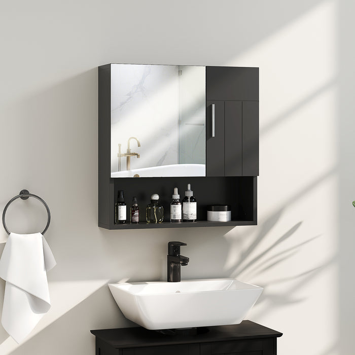 Armadietto a Specchio per Bagno 54x15,2x55,3 cm con Ripiano Aperto in Legno Nero