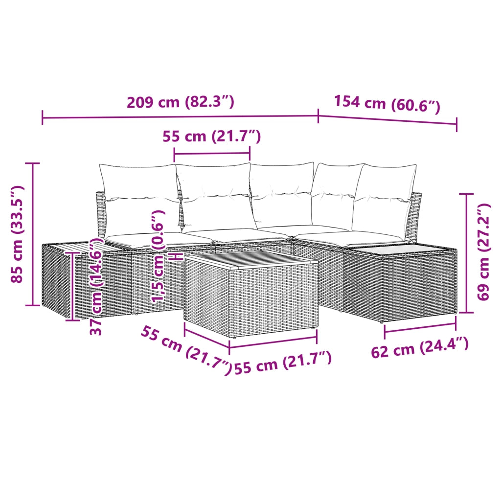 Set Divano Giardino 5 Pezzi con Cuscini Polyrattan Nero Acacia