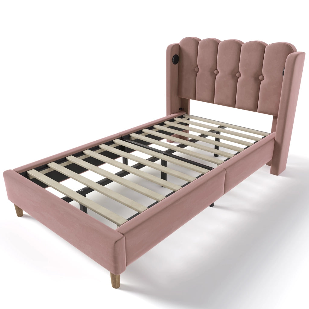 Letto imbottito 90x200 cm in velluto rosa con USB Tipo C e materasso incluso