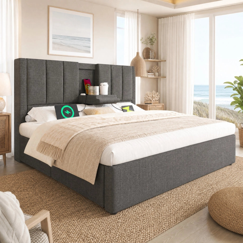 LETTO Contenitore 160x200 cm in lino grigio con portabicchieri e ricarica