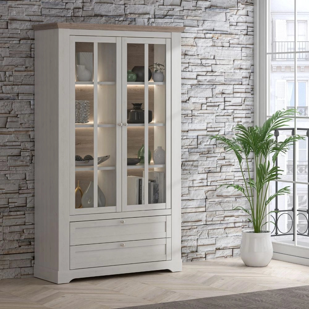 Vetrina Forma 2 Ante con Vetro, 2 Cassetti e Luci LED Rovere Bianco Neve e Olmo Scuro – Esposizione di Grande Impatto