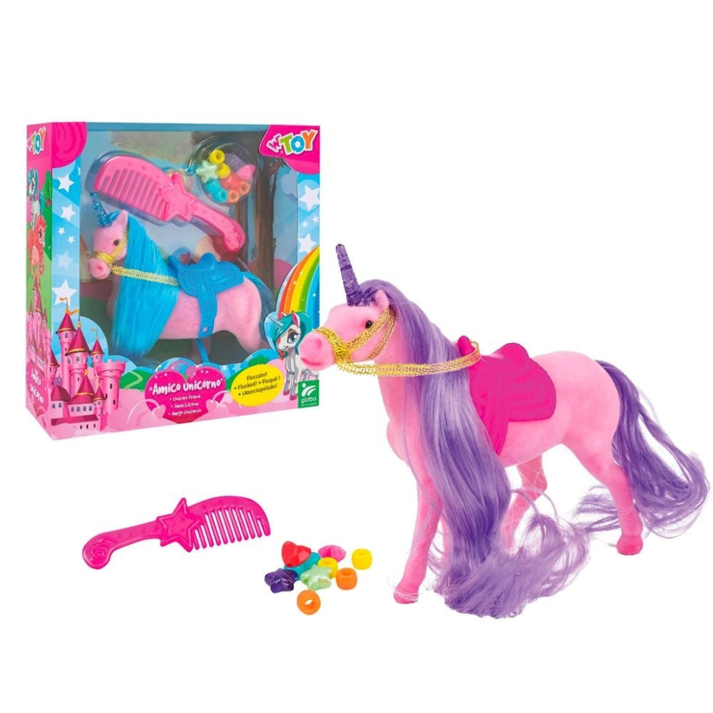 Trade Shop - Cavallo Amico Unicorno Floccato Con Accessori Perline Pettine Gioco Per Bimbe -