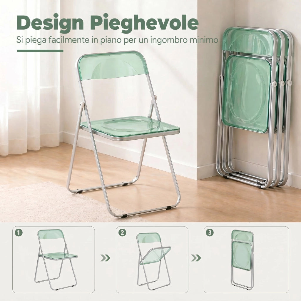 Set da 4 Sedie Pieghevoli in Acrilico Trasparenti. Verde