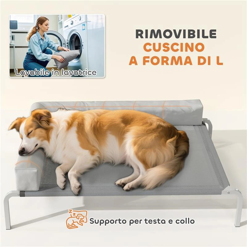 LETTINO PER CANI RIALZATO DI 20 CM CON CUSCINO A L, IN POLIESTERE E ACCIAIO, 110X75X30 CM, GRIGIO E ARGENTO