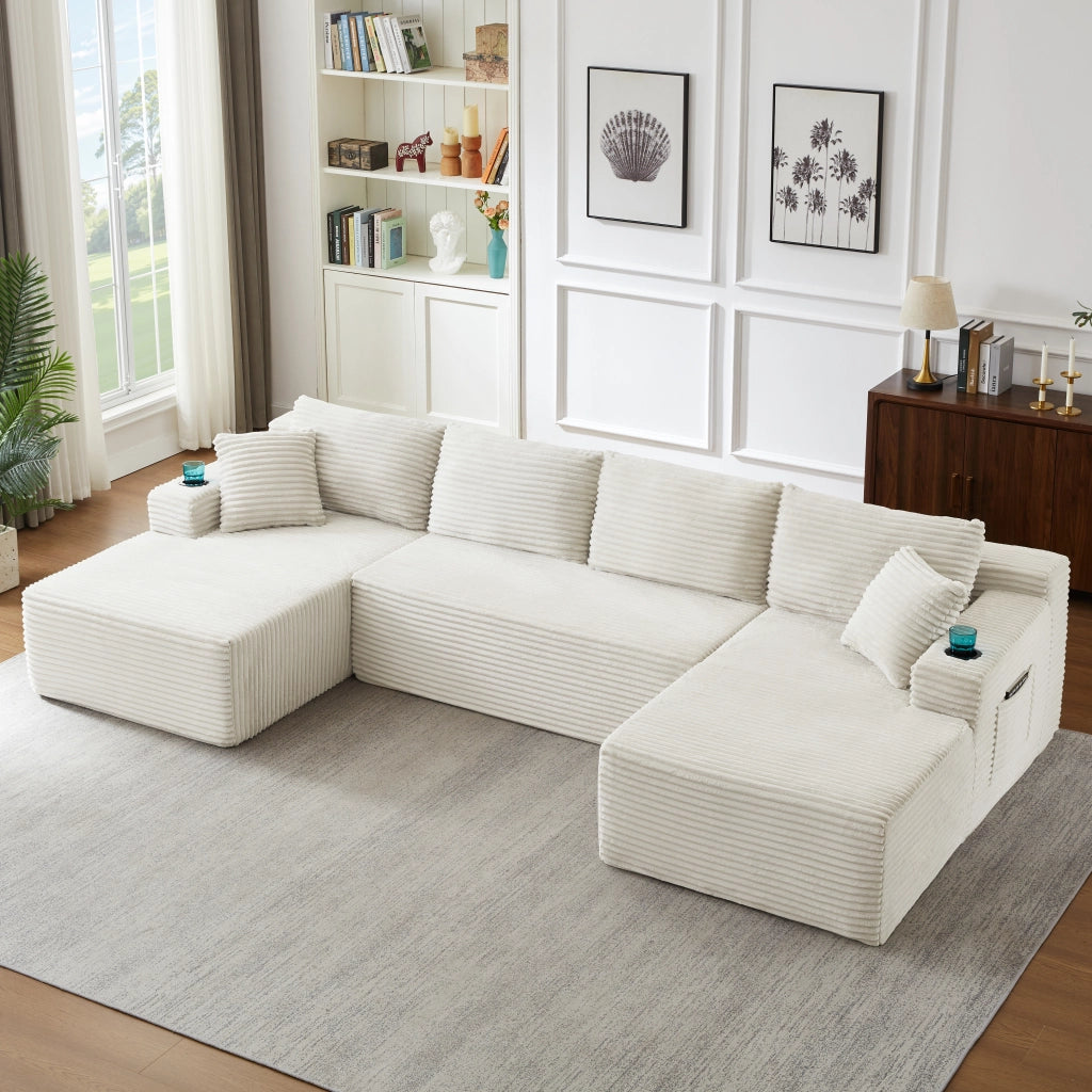 Divano modulare a U per soggiorno con seduta profonda e supporto ergonomico senza montaggio in velluto a coste beige