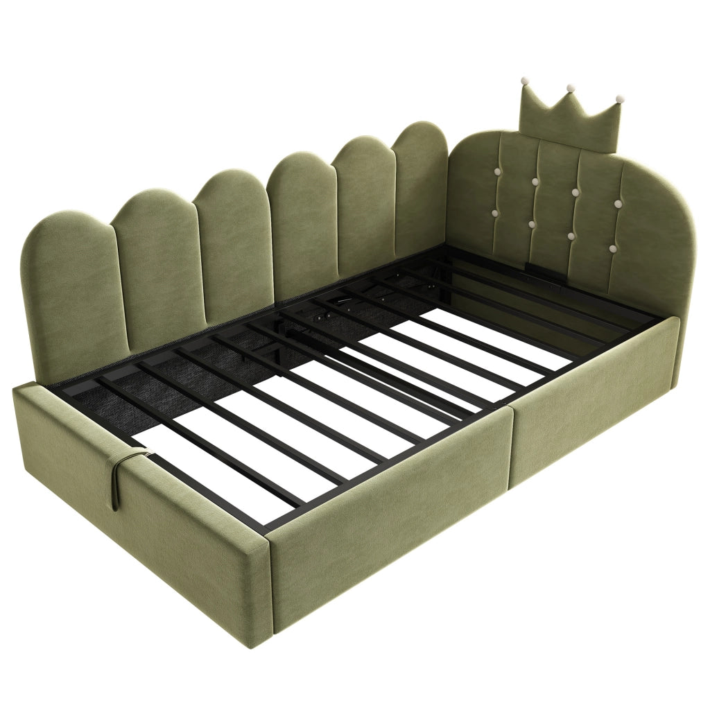 Lettino da giorno imbottito 90x190 cm con deposito idraulico velluto verde forma L design a corona letto multifunzionale per ospiti senza materasso