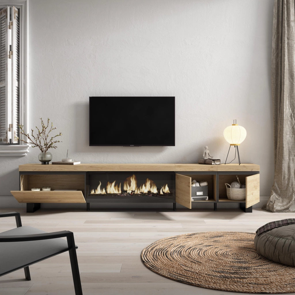 Mobile TV Soggiorno, 288x35x57cm, TV di grande formato, Camino elettrico XXL, Design industriale, colore Rovere RF3622