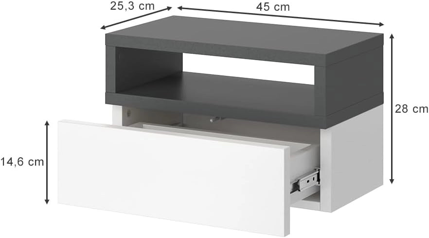 Comodino camera da letto Urbano, Antracite, Set di 2, montabile a parete per un utilizzo salvaspazio in camera da letto