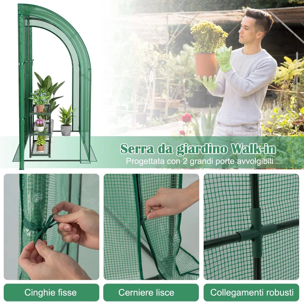 Serra da Giardino da Parete, Serra da Esterno Walk-in con Copertura in PE Resistente alle Intemperie, Porte a Cerniera Avvolgibili e Scaffale Porta Piante, 200 x 100 x 215 cm