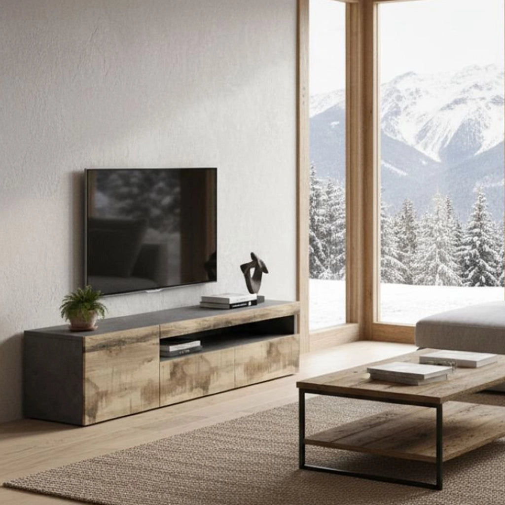 Mobile da soggiorno Porta Aquilo, Made in Italy, Supporto per Aquilo da salotto 2 ante, cm 150x40h37, Grigio Ardesia e Acero