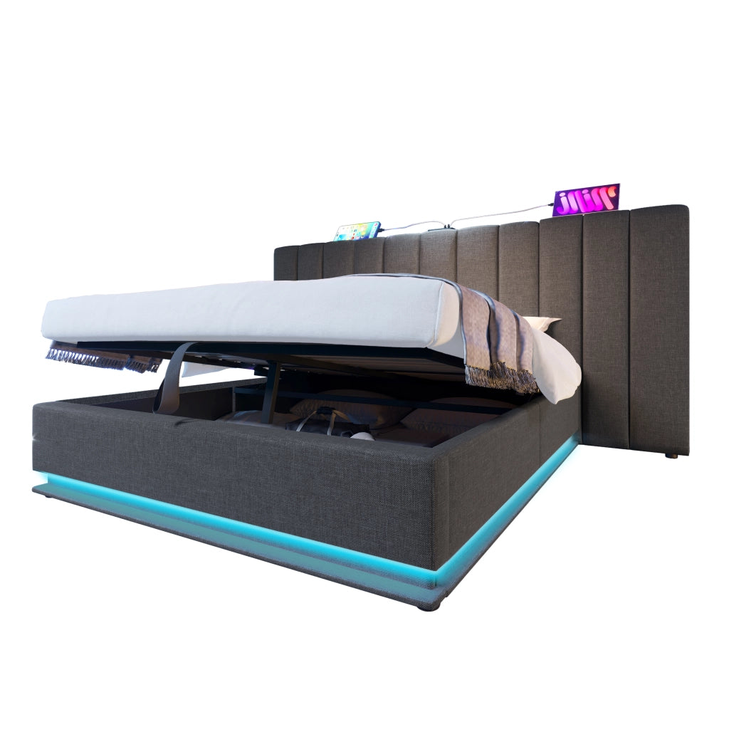 OKWISH Letto Contenitore 180×200 cm, Letto Matrimoniale con 3 USB, Type C e LED Regolabile, senza Materasso, in Lino, Grigio