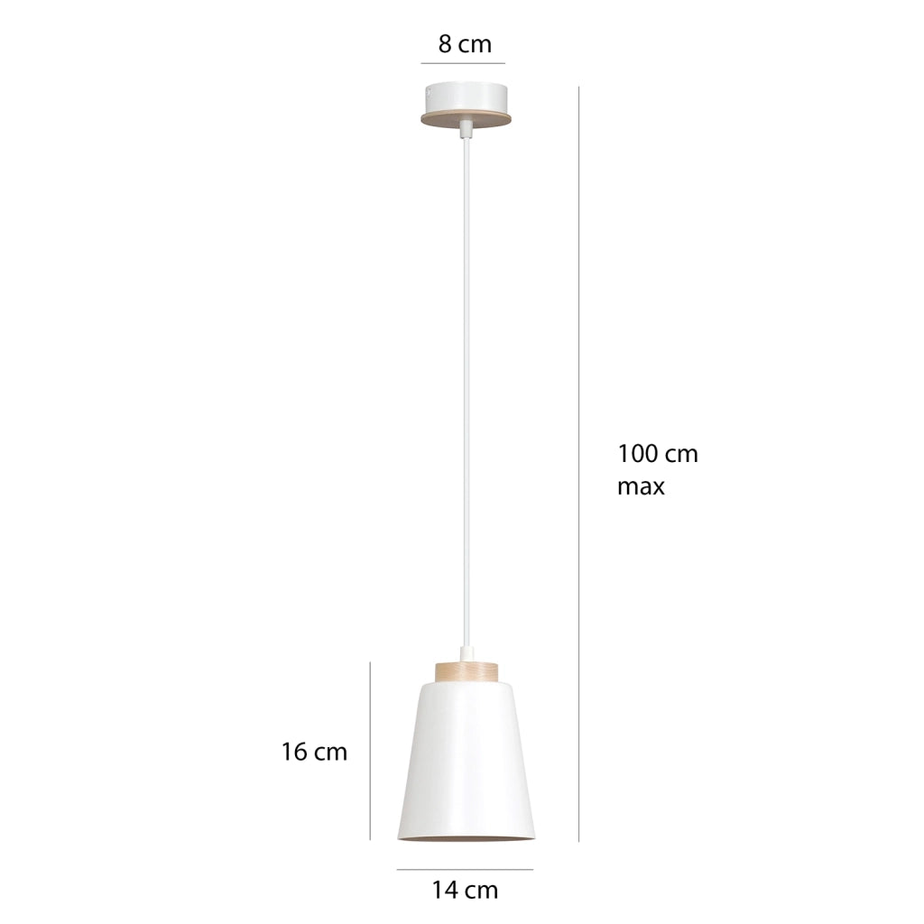 Sospensione 1 Luce Lancillotto A Cono In Acciaio Bianco E Legno Naturale