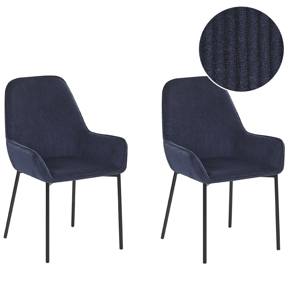 Set di 2 sedie per sala da pranzo Seduta imbottita in tessuto di velluto a coste blu Gambe in metallo Nero Stile moderno