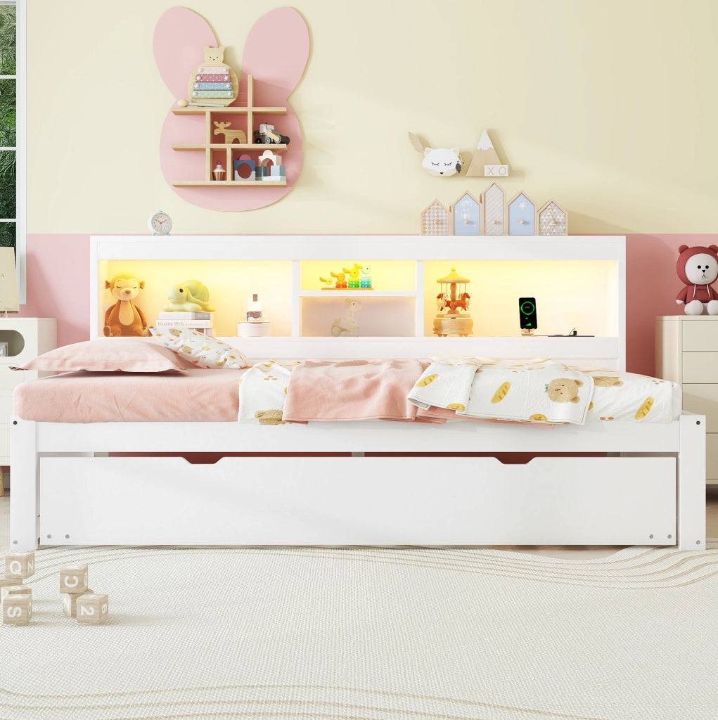 Letto singolo 90x200 cm con letto estraibile, LED e USB