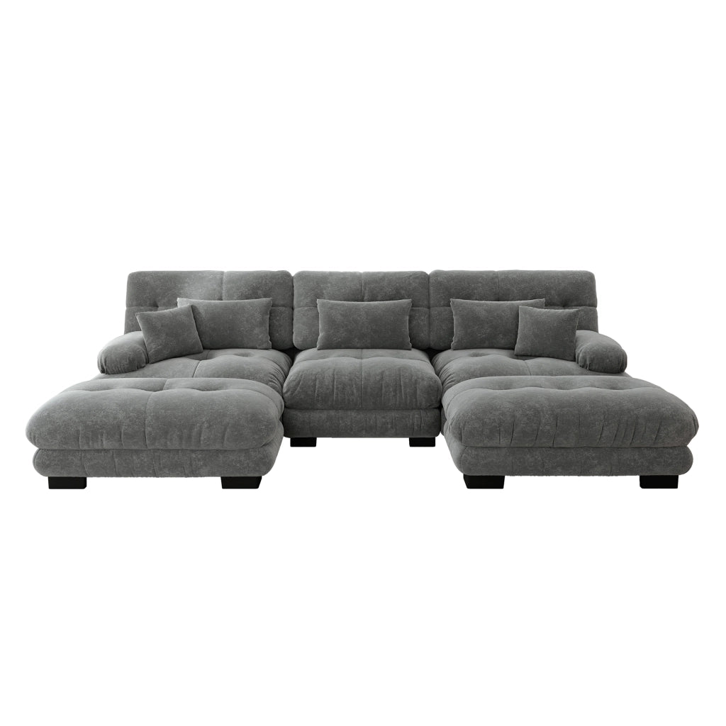 Divano componibile modulare a U in chenille grigio con ottomane mobili e cuscini per il salotto