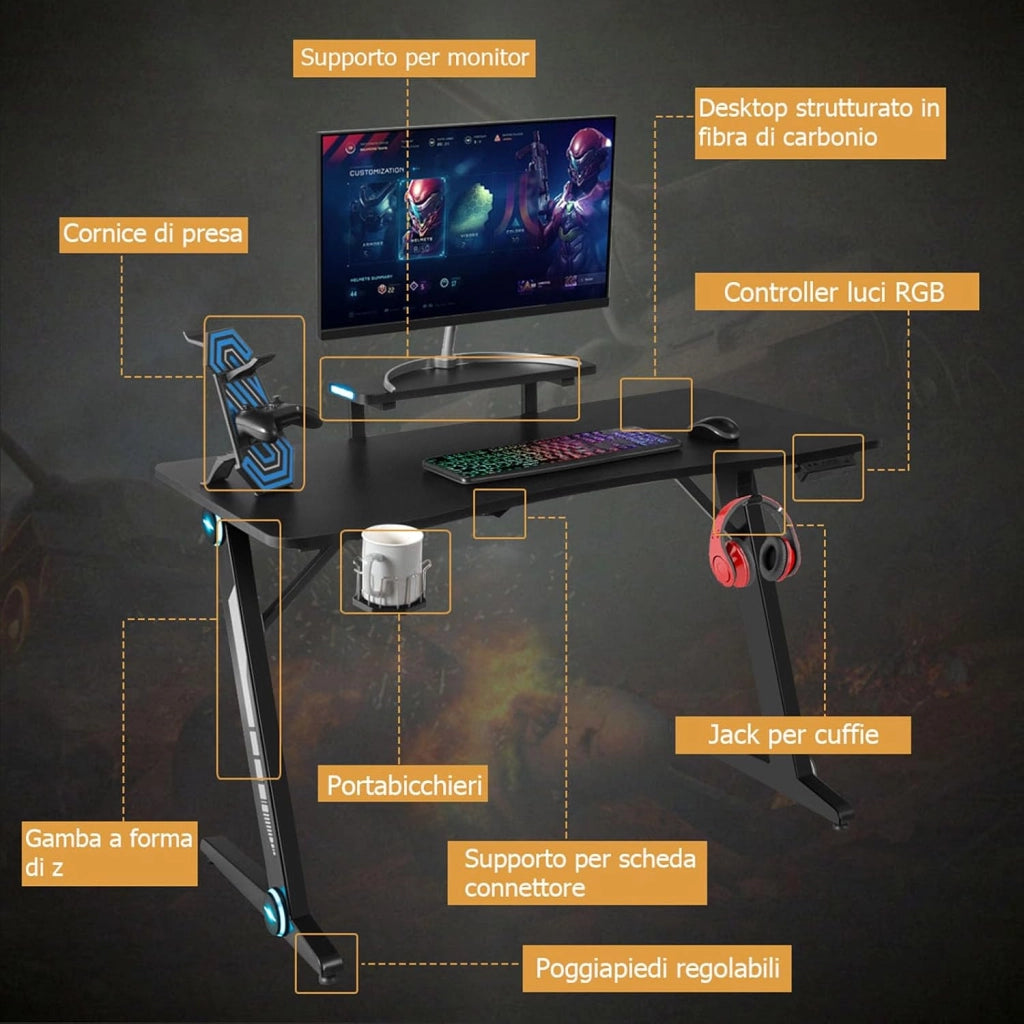 Scrivania da Gaming con Alzata e Luci RGB, Postazione da Gaming per Computer, con Porta Bicchiere e Gancio per Cuffie