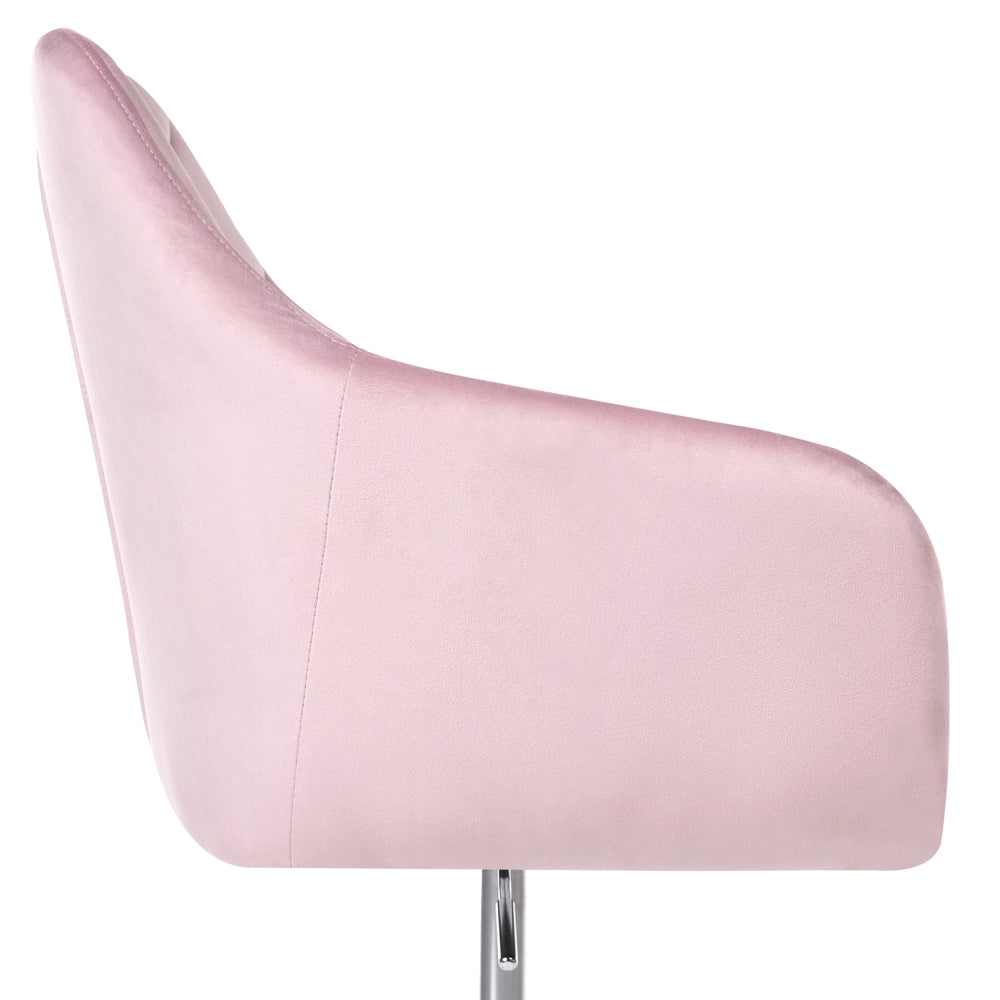Sedia da ufficio in velluto rosa pastello con meccanismo a gas per la regolazione dell'altezza schienale trapuntato con cristalli e base girevole a 360°