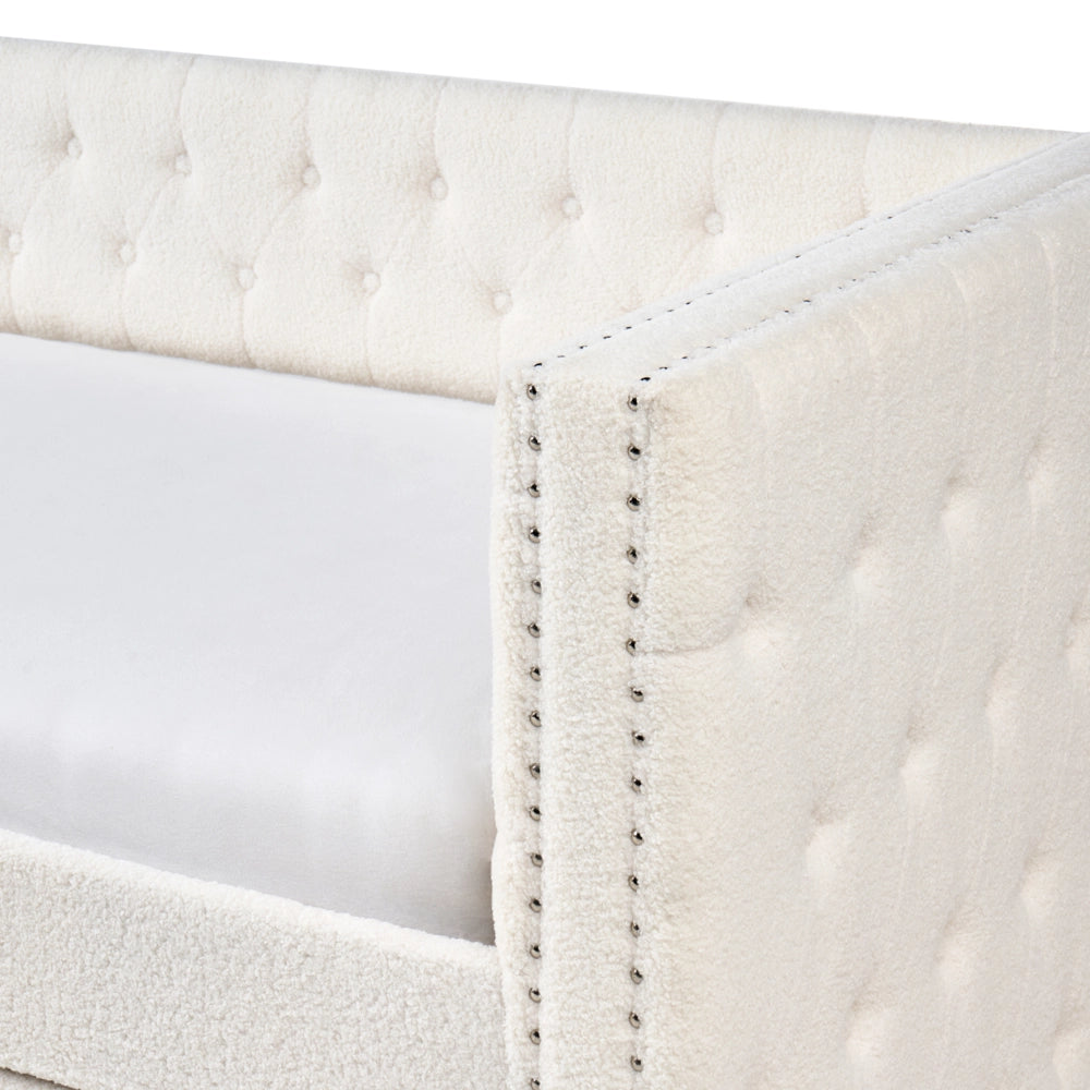 Letto da Giorno Estraibile 90 x 200 cm in tessuto bouclè bianco sporco con Rete a Doghe e Bottoni Rifiniture Glam