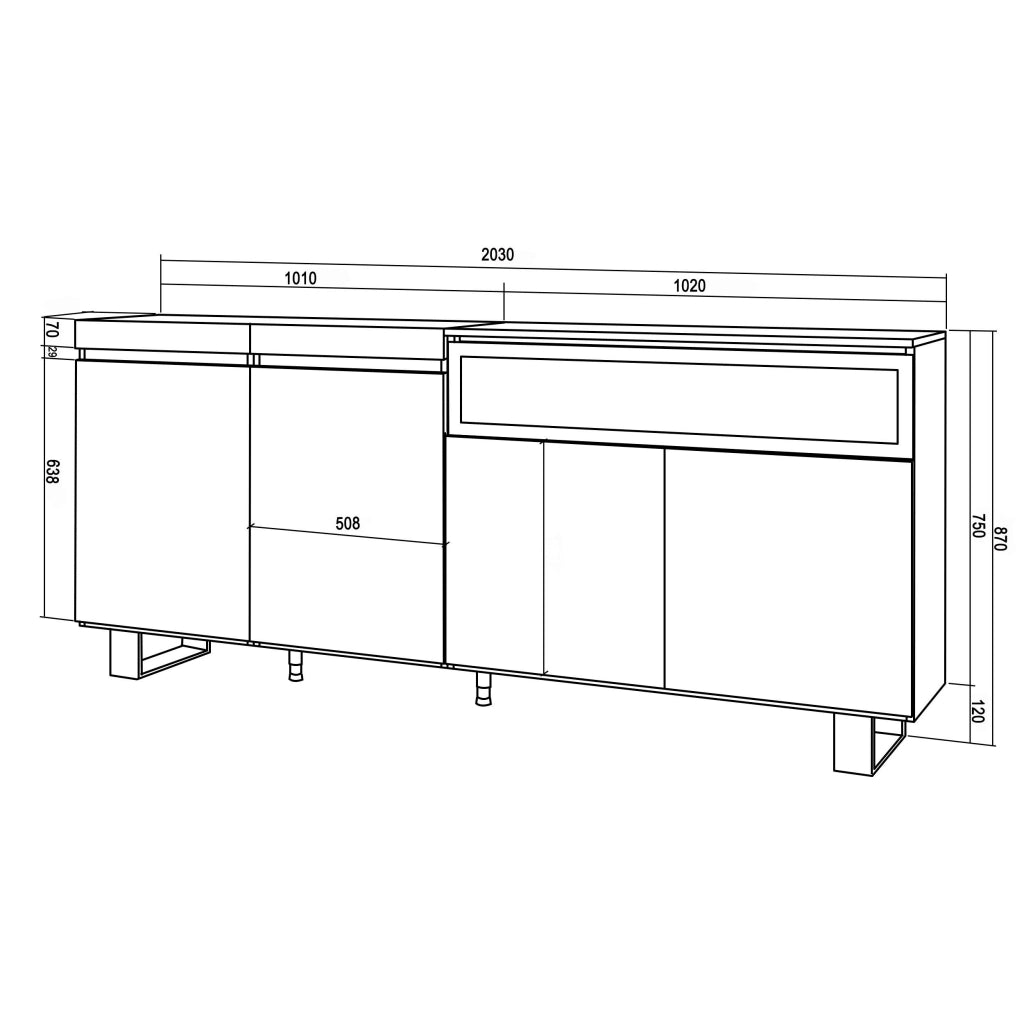 Credenza, Mobile, 200x35x87cm, 4 Porte, Camino elettrico, Design industriale, colore Rovere e nero RF2319