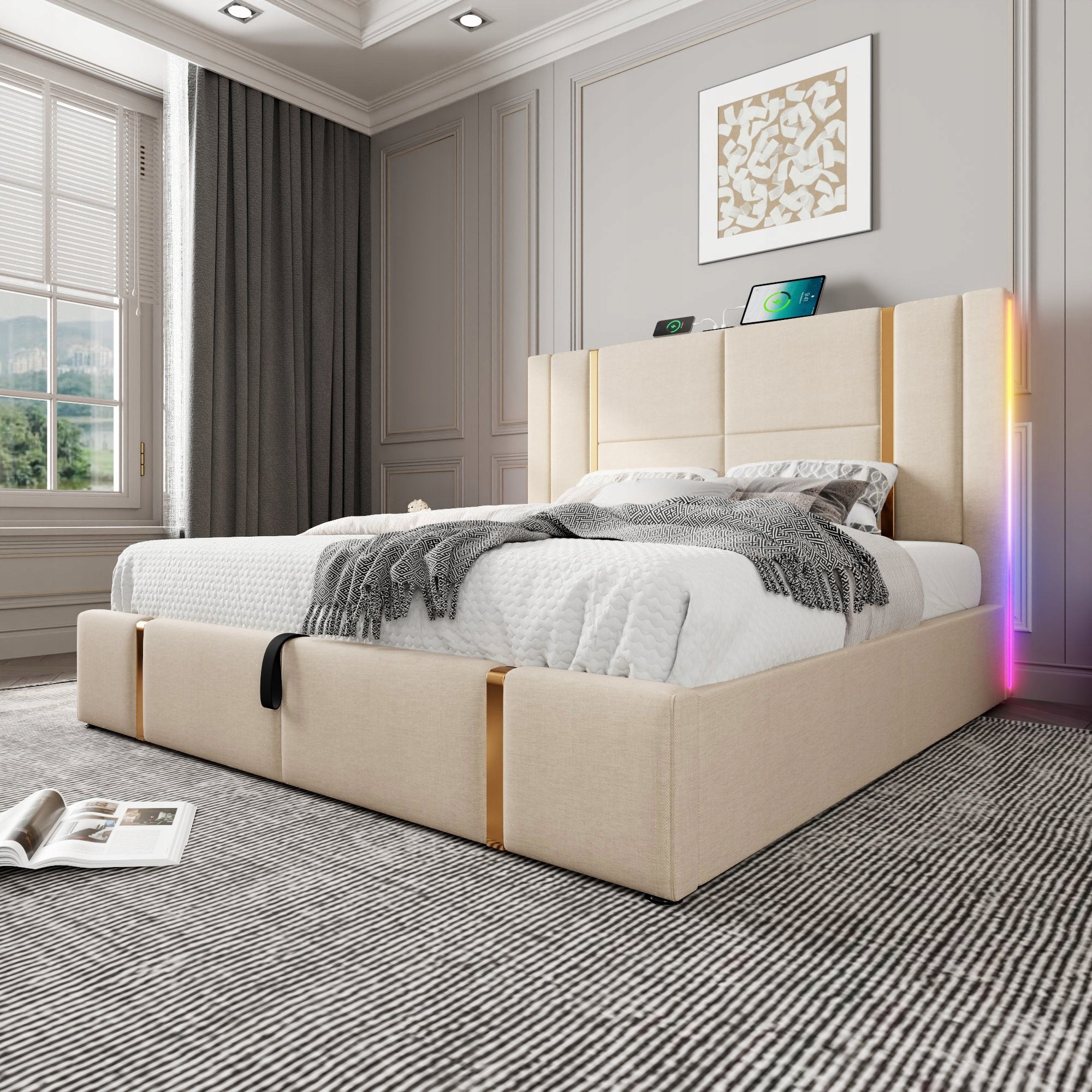 Letto imbottito 160x200 - Xylo - Beige con USB-C LED APP