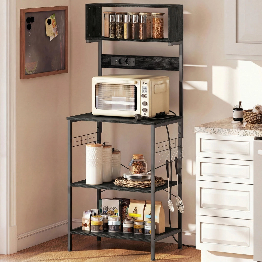 Scaffale da Cucina con Multipresa per Microonde con Ripiani e Ganci Stile Industriale. Legno e Acciaio. Nero
