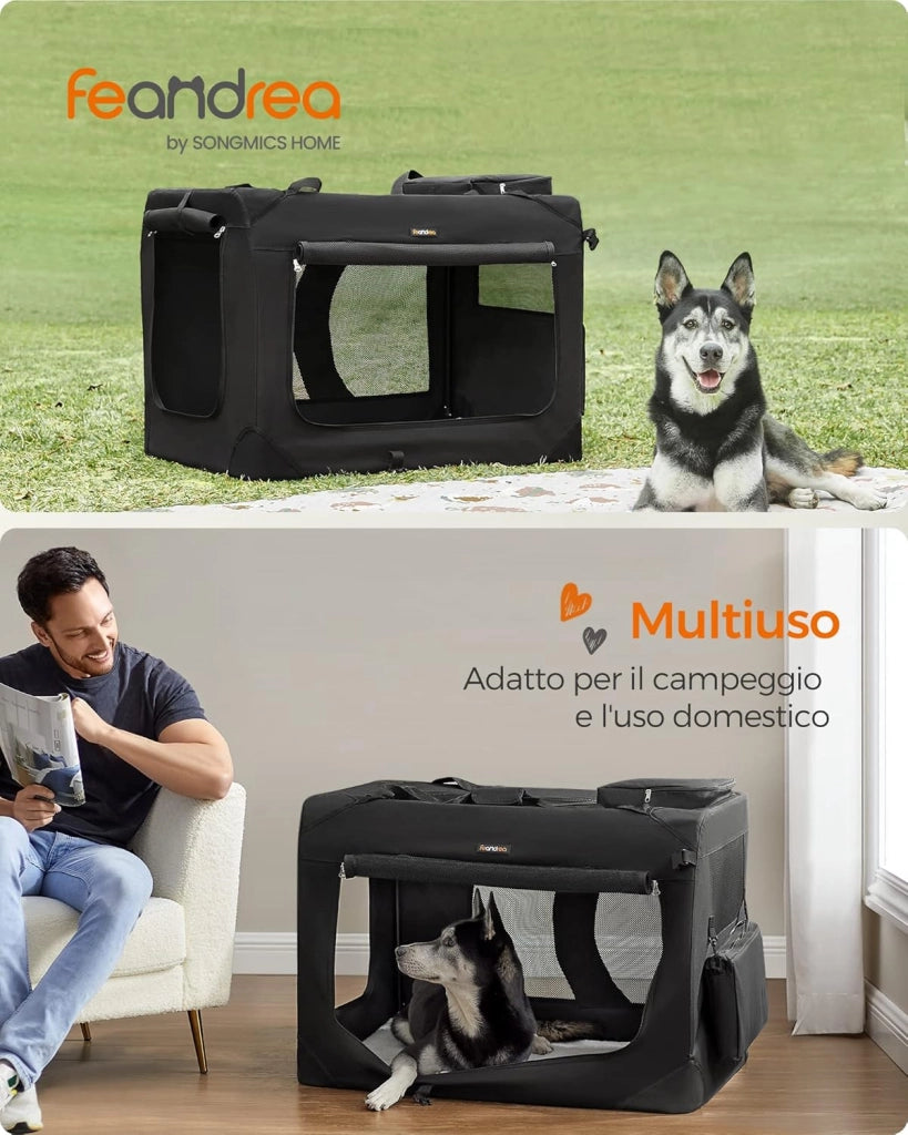 FEANDREA Trasportino per Cani, Gabbia Pieghevole per Animali Domestici, Taglia XXL, Tessuto Oxford e Maglia, Traspirante, Portatile, Struttura in Metallo, con Manici e Tasche, 91 x 63 x 63 cm, Nero PDC90H