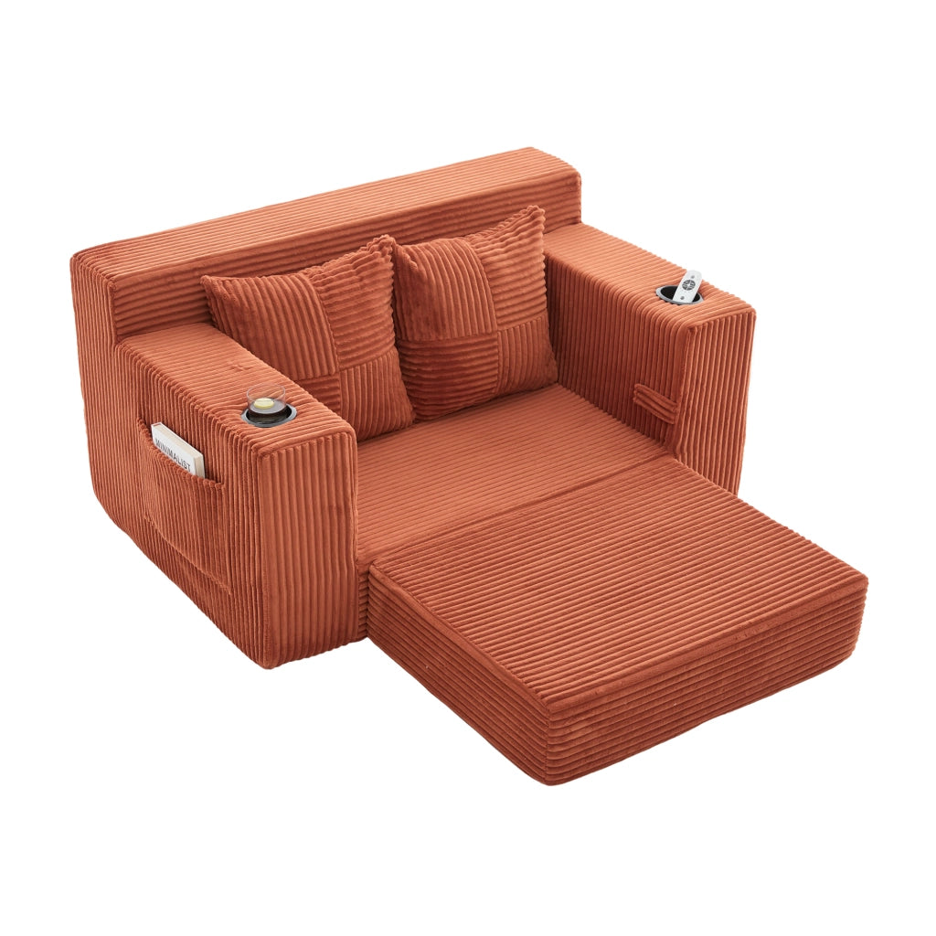 Divano pouf 151x133x64 cm con tasche laterali in velluto a coste arancione
