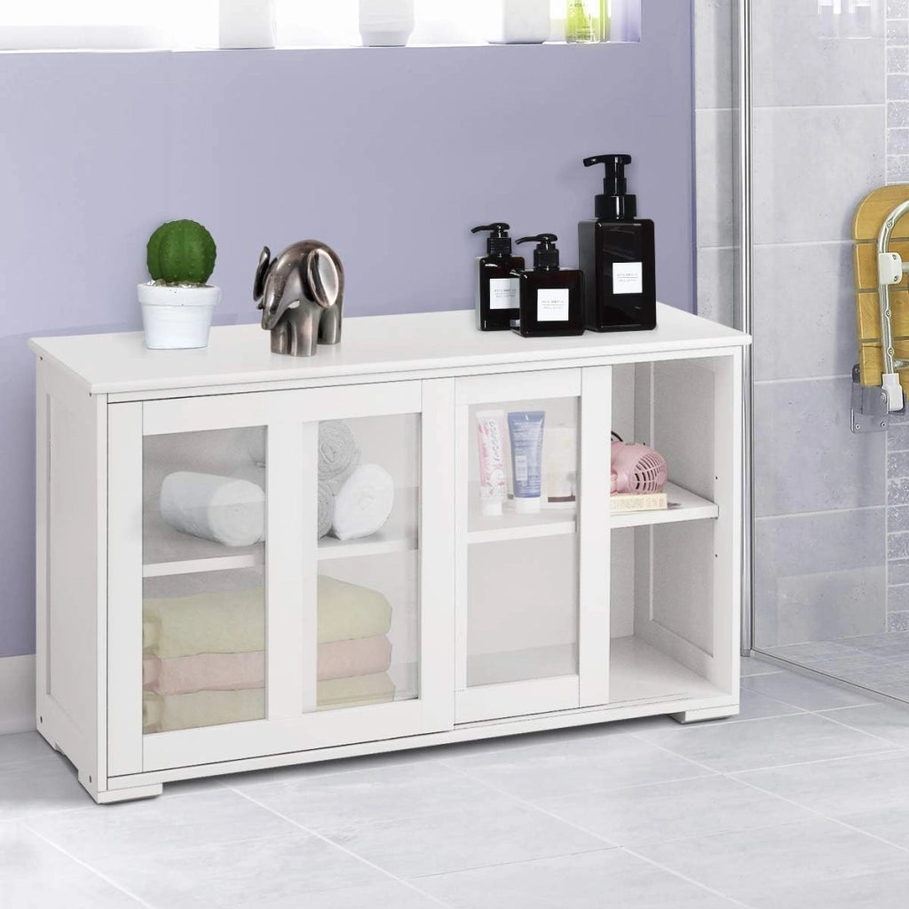 Armadietto da cucina in MDF, Mobile laterale multiuso con ante scorrevoli 106,5x33x62,5cm Bianco-Credenze buffet