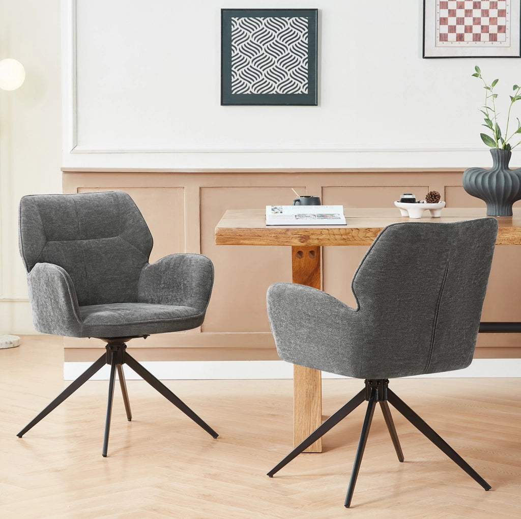 Set di 2 sedie girevoli 60x56x59 cm con braccioli e schienale avvolgente; chenille; grigio scuro