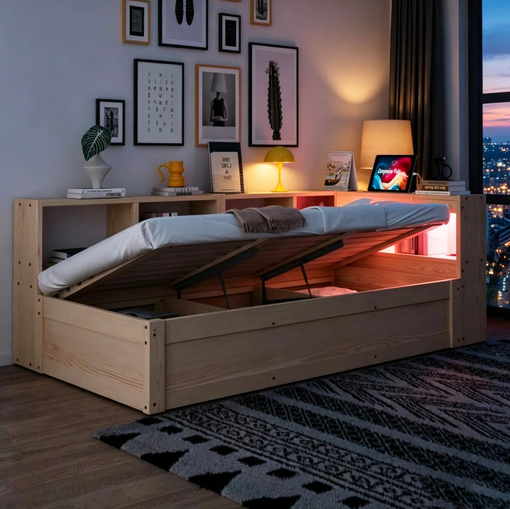 Letto multifunzione 90x200 cm con LED, presa integrata e vani contenitore