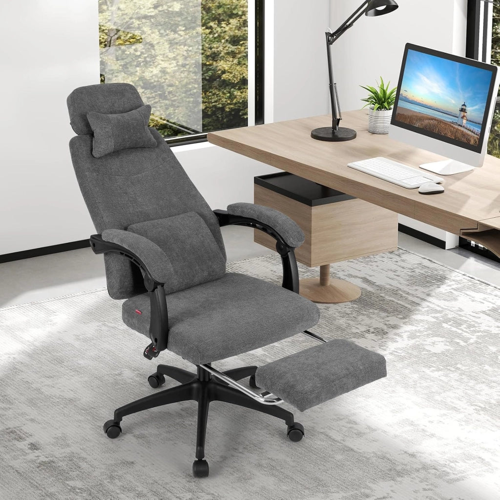 Sedia da Ufficio Reclinabile, Poltrona da Scrivania con Braccioli e Poggiapiedi Retrattile, Schienale Rogolabile, Poltrona Esecutiva Ergonomica con Cuscini per Collo e Lombari, Grigio