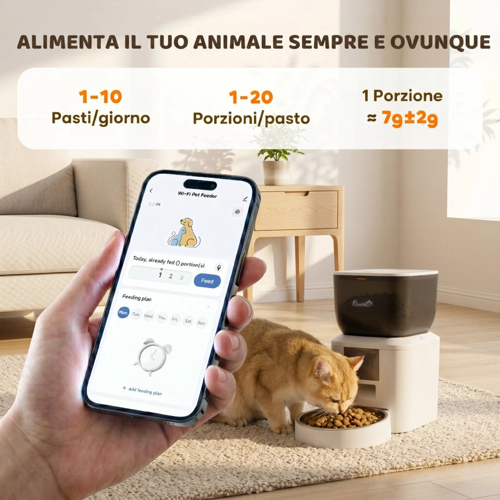 Distributore Automatico Cibo Gatti 4L WiFi 2.4G App Controllo con Registratore 10s Ciotola Bianco