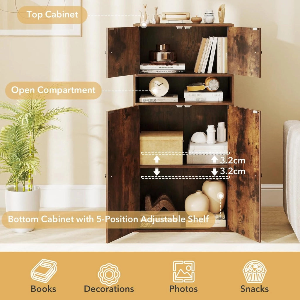 Libreria Verticale a 3 Ripiani, Libreria Chiusa con Ante e Ripiano Aperto, Mobile Soggiorno con Ripiano Regolabile a 5 Livelli, per Studio, Camera da Letto, Bagno, 54 x 30 x 111 cm (Marrone)