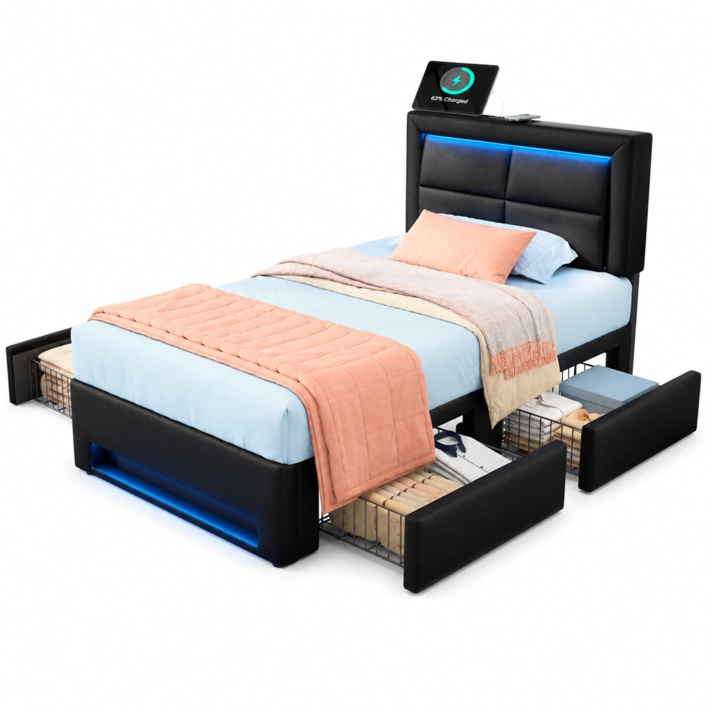 DESMIU Letto con Cassetti Singolo USB, Ricarica Wireless, LED Regolabile e 4 Cassetti 90 × 190 cm, senza Materasso