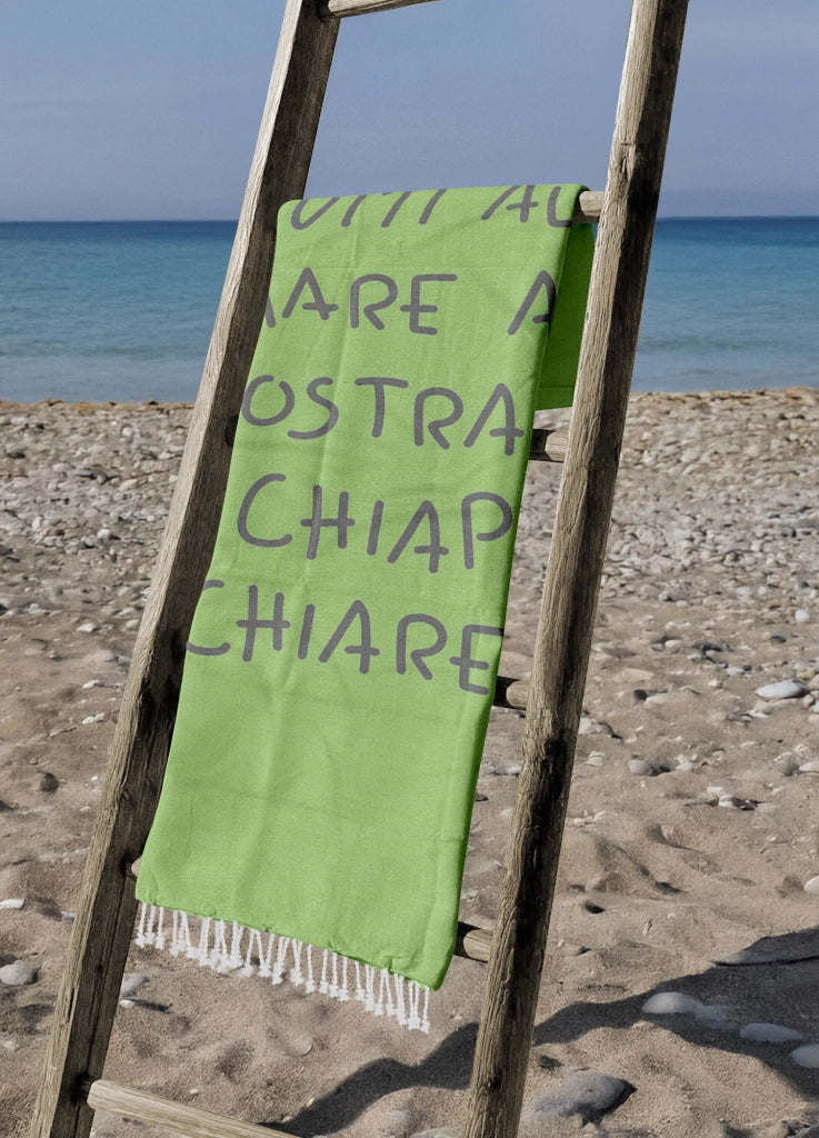 Telo Mare Con Frange Asciugamano Da Spiaggia Misura Grande 90x180 Cm Con Pochette Astuccio Assorbente In Morbido Cotone Leggero Stampa Tutti Al Mare AntiSabbia Lettino Vacanze Piscina Lime