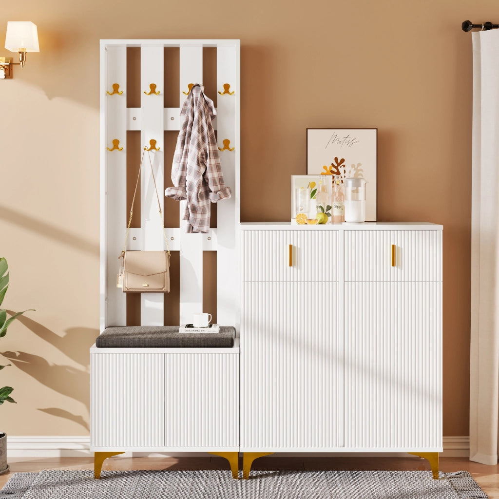 Set Ingresso con Scarpiera, Panca con Cuscino, Appendiabiti e Cassetti ¨C MINIMAL ¨C Bianco